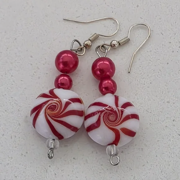 Playful Red and White Swirl Earrings - Picture 3 of 4